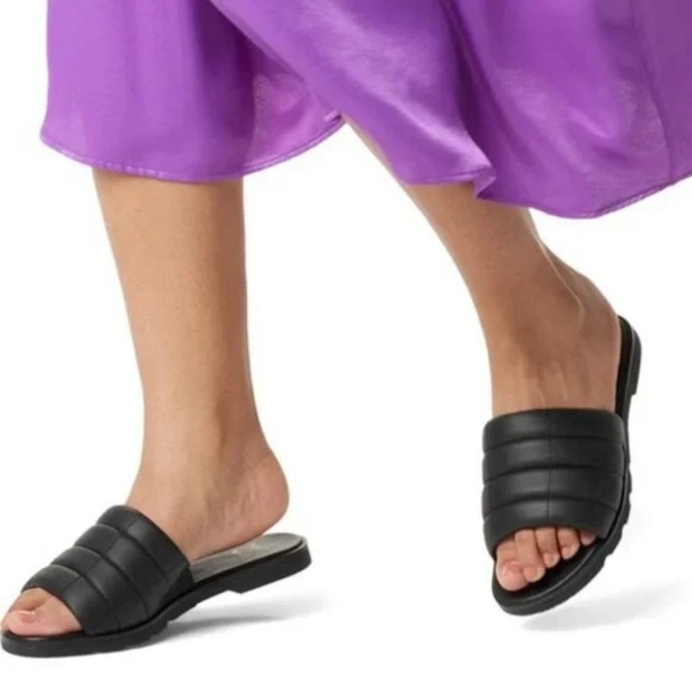 Sorel Ella III Slide Sandals Quilted Leather Slip On Flats Black Size 10.5